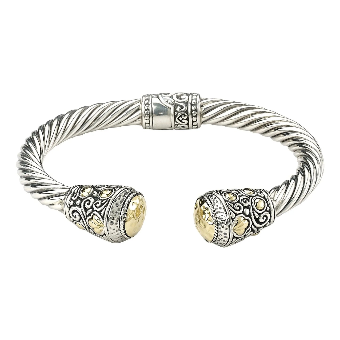 S Silver/18K 6 1/2" HAMMERED GOLD TWISTED HINGED BANGLE - Farsi Jewelers