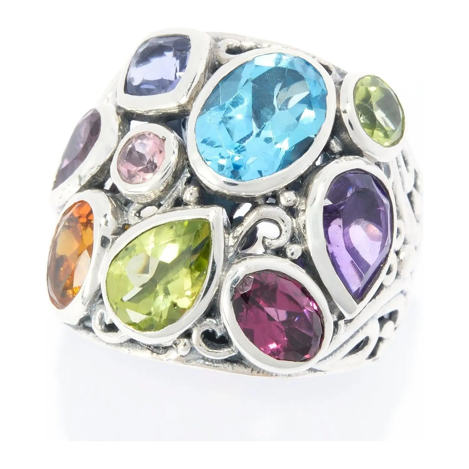 SILVER MULTI GEMSTONE BALI DESIGN RING - Farsi Jewelers