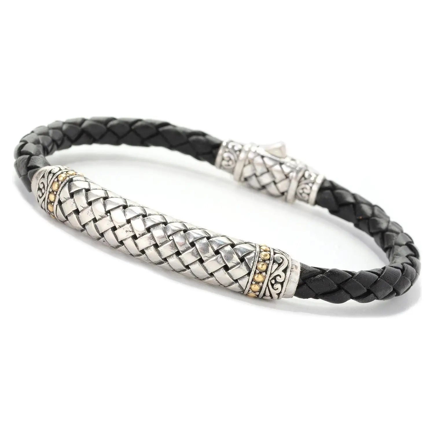 SS & 18K BLACK BASKETWEAVE BRAIDED LEATHER BRACELET  Farsi Jewelers