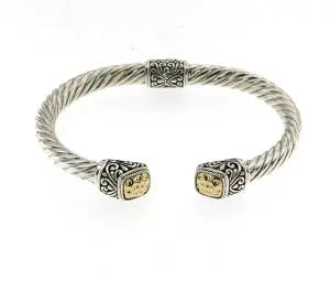 SS/18K TWISTED CABLE BANGLE WITH HAMMERED GOLD CUSHION ENDCA - Farsi Jewelers