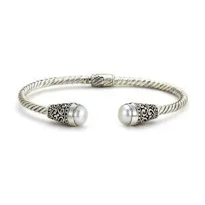 SS TWISTED CABLE 3MM BANGLE WITH FRESH WATER PEARL - Farsi Jewelers