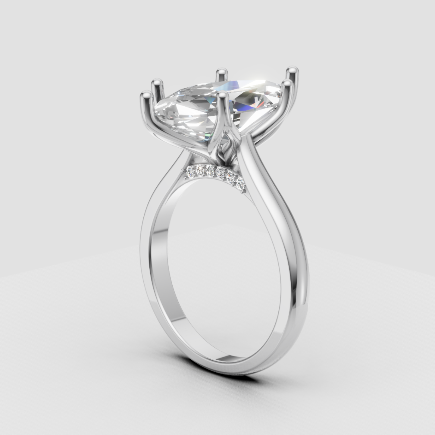 Platinum Marquise-Shape Solitaire Engagement Ring Mounting — Tulip Prongs, Pavé Gallery — Approx. 4 CT