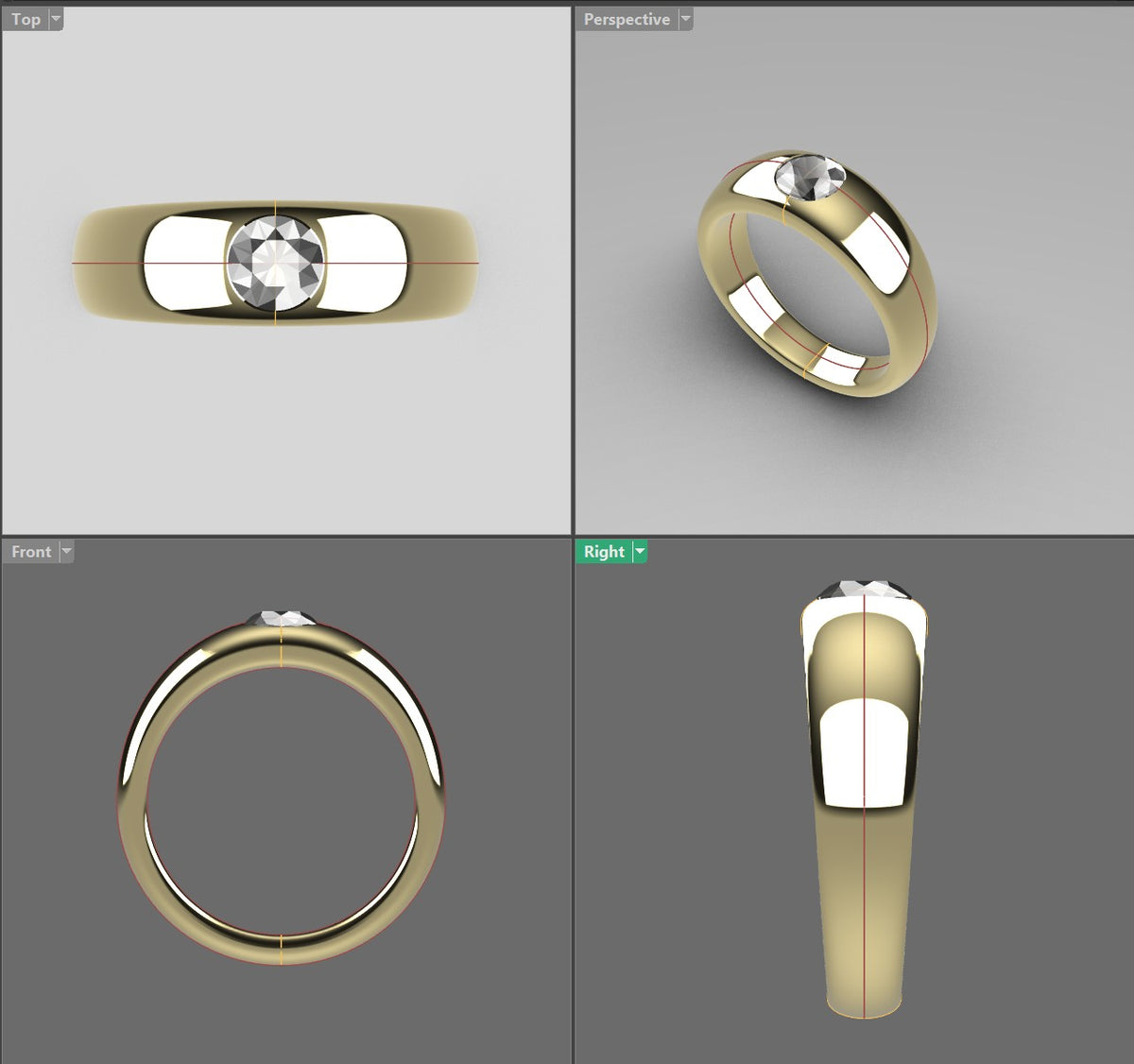 CAD design views of the 14K yellow gold dome ring from the top, side, front and in perspective, with the round diamond set flush into the dome