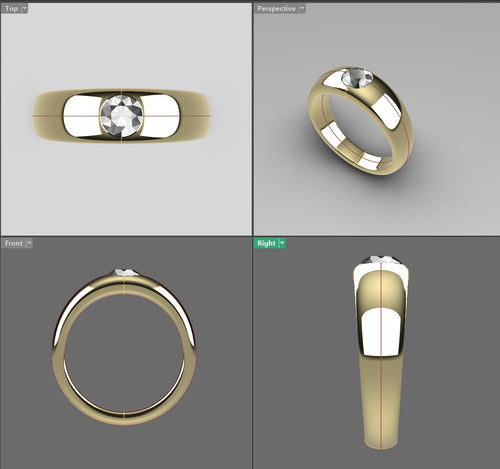 Load image 1 in gallery view. CAD design views of the 14K yellow gold dome ring from the top, side, front and in perspective, with the round diamond set flush into the dome