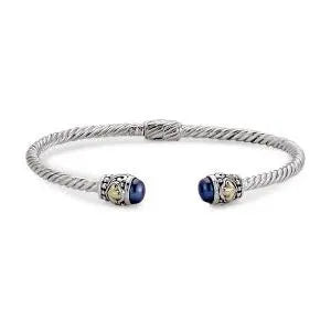 SS/18K 3MM TWISTED CABLE BANGLE WITH BLUE PEARL ENDCAPS - Farsi Jewelers