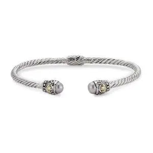 SS/18K 3MM TWISTED CABLE BANGLE WITH PINK PEARL ENDCAPS - Farsi Jewelers