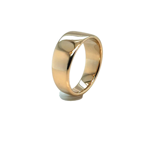 Load image 1 in gallery view. Finished wide 14K yellow gold band with a softly domed mirror-polished face, custom-made at Farsi Jewelers in Sandy Springs from the customer's own sentimental gold