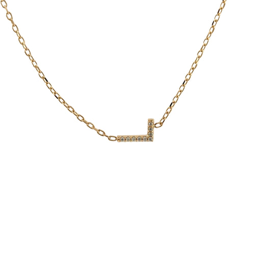 Load image 1 in gallery view. 14K yellow gold sideways initial L necklace with nine round diamonds, set east-west on a 1.5 mm cable chain, Farsi Jewelers