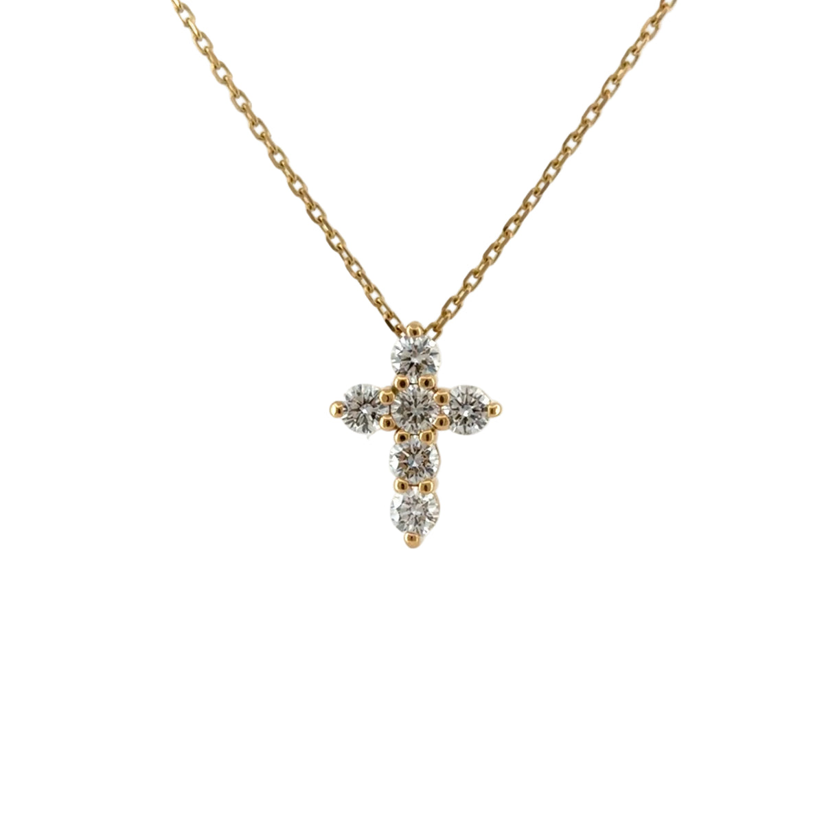 14K yellow gold lab-grown diamond cross pendant with six round diamonds on a cable chain, front view