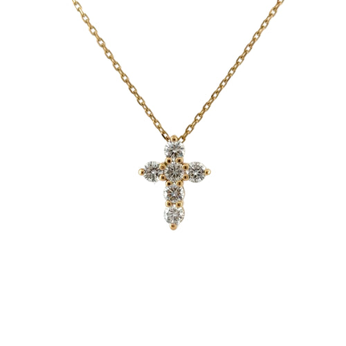 Load image 1 in gallery view. 14K yellow gold lab-grown diamond cross pendant with six round diamonds on a cable chain, front view