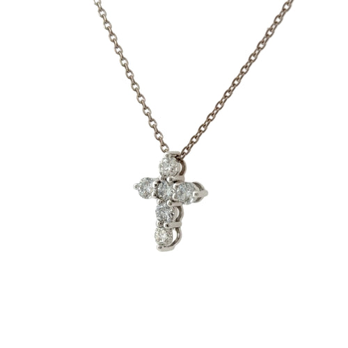 Load image 1 in gallery view. White gold lab-grown diamond cross pendant at an angle, showing the prong settings from the side