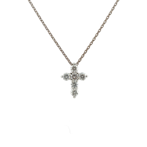 Load image 1 in gallery view. 14K white gold lab-grown diamond cross pendant with six round diamonds on a cable chain, front view