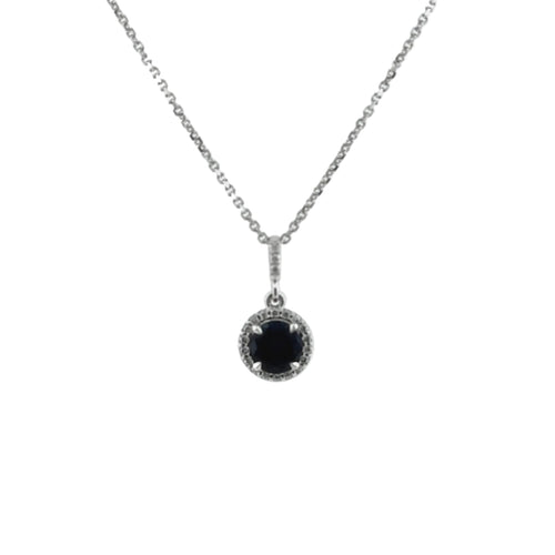 Load image 1 in gallery view. Round lab-grown blue sapphire in four prongs, circled by a diamond halo, hanging from a diamond-set bail on a fine 14K white gold cable chain, front view