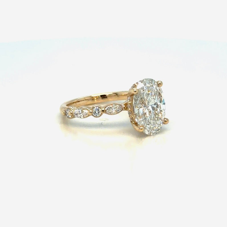 Custom Order 3 CT Oval Diamond Engagement Ring with Hidden Halo in 14K Yellow Gold