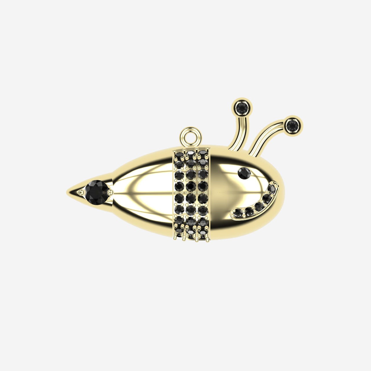 Design rendering of the bumblebee pendant in yellow gold, wings folded along the body, a band of black diamonds across the back, a black diamond at the tail and at each antenna tip