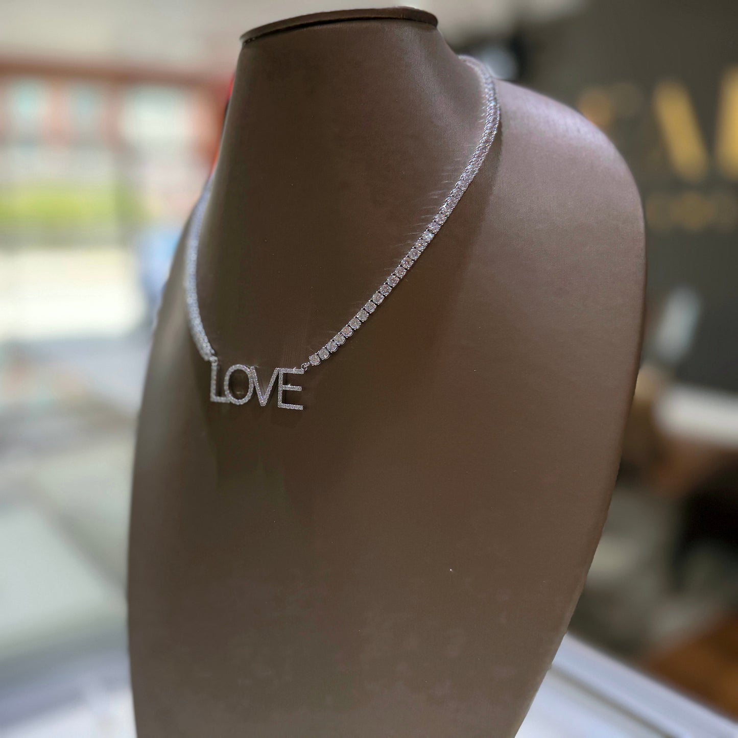 Custom Order 14K White Gold Lab-Diamond Custom Tennis Necklace W/Diamond Love Pendant