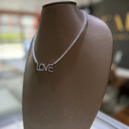 Load image 1 in gallery view. Custom Order 14K White Gold Lab-Diamond Custom Tennis Necklace W/Diamond Love Pendant