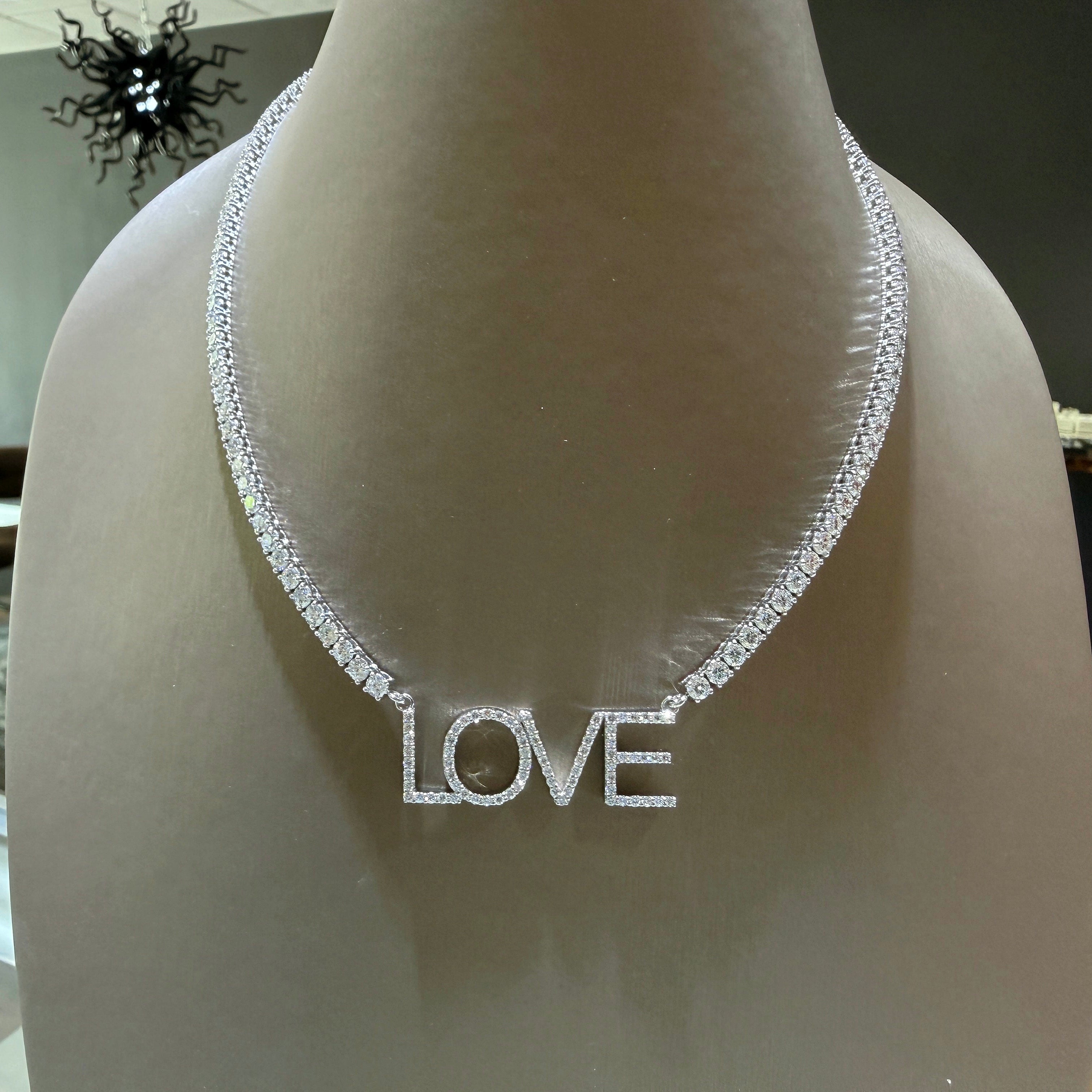 Custom Order 14K White Gold Lab-Diamond Custom Tennis Necklace W/Diamond Love Pendant