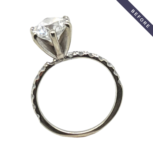 Load image 1 in gallery view. Before photo — the ring as it arrived at Farsi Jewelers, prior to the rebuild with French-set pavé diamond shoulders shown in the other images