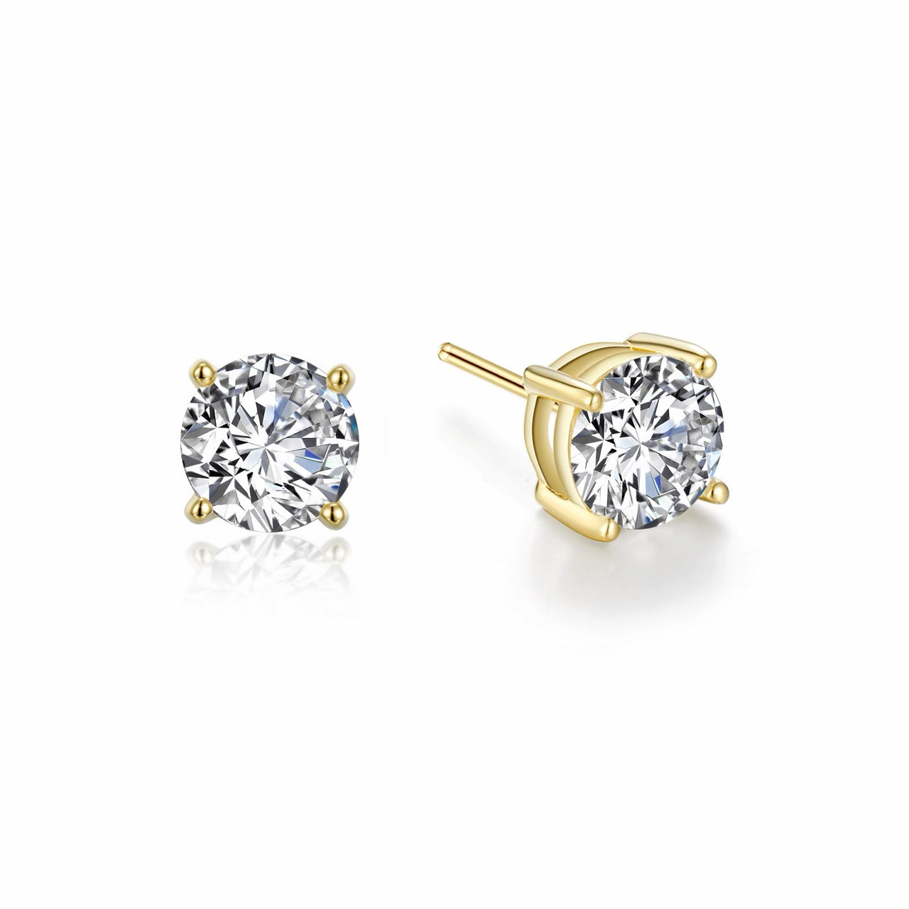 A pair of solitaire stud earrings, each a 6.5 mm round simulated diamond held in four prongs on a gold-finished post and back