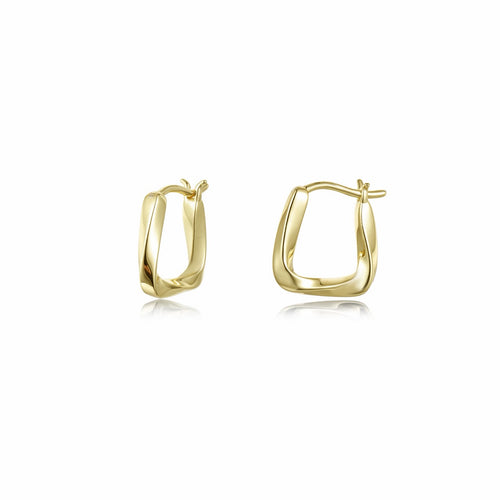 Load image 1 in gallery view. A pair of gold-finished squared huggie earrings with a twist through the band, shown from the front and the side with a hinged latch closure