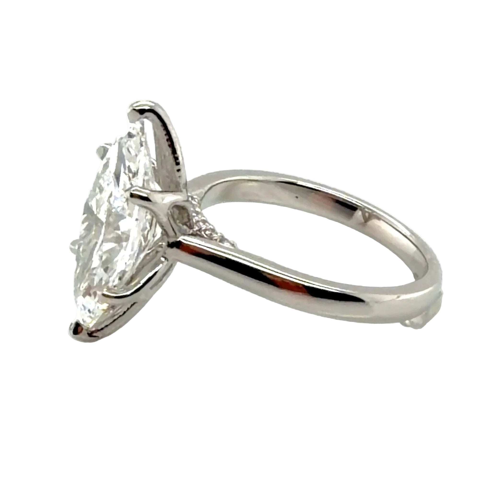 Custom Order Platinum Marquise-Shape Solitaire Engagement Ring Mounting — Tulip Prongs, Pavé Gallery — Approx. 4 CT