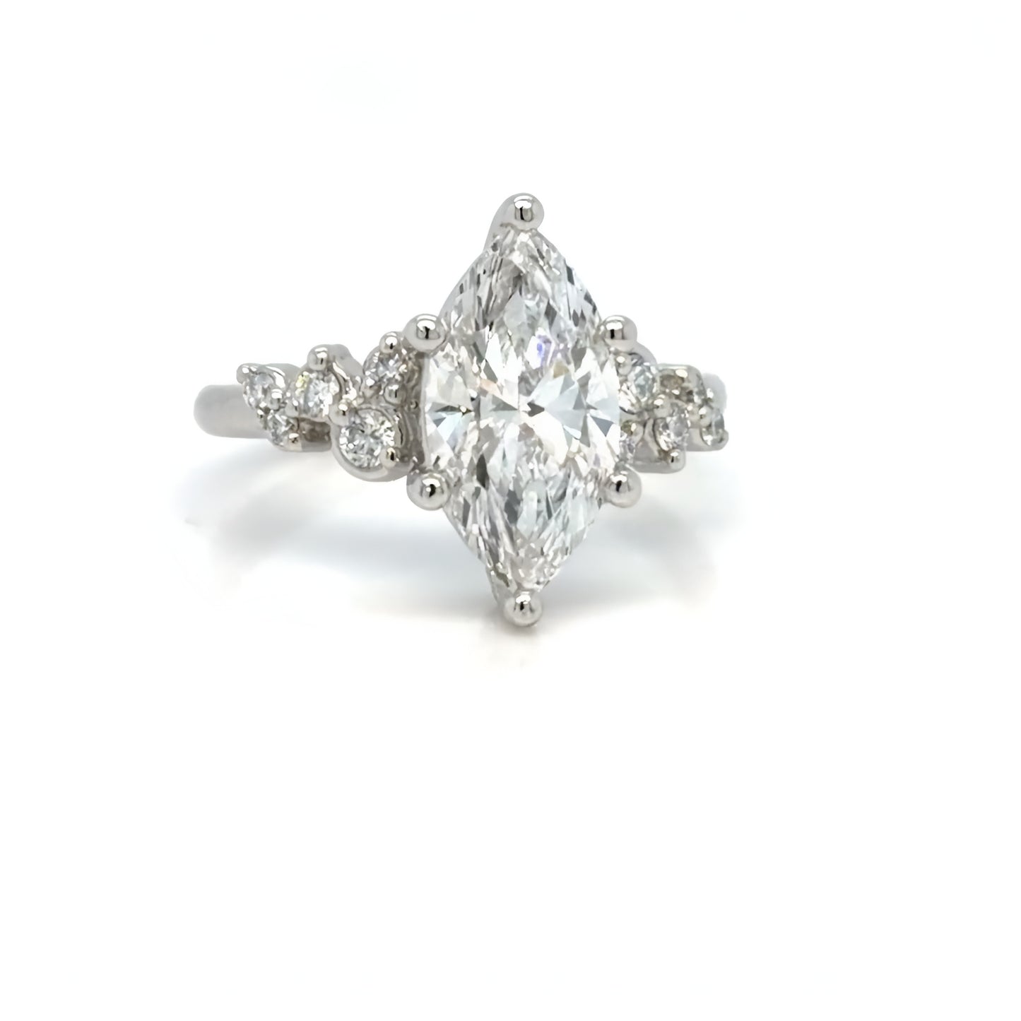 Engagement Rings Asymmetrical Marquise Cut Diamond Engagement Ring with Cluster Side Stones in Platinum