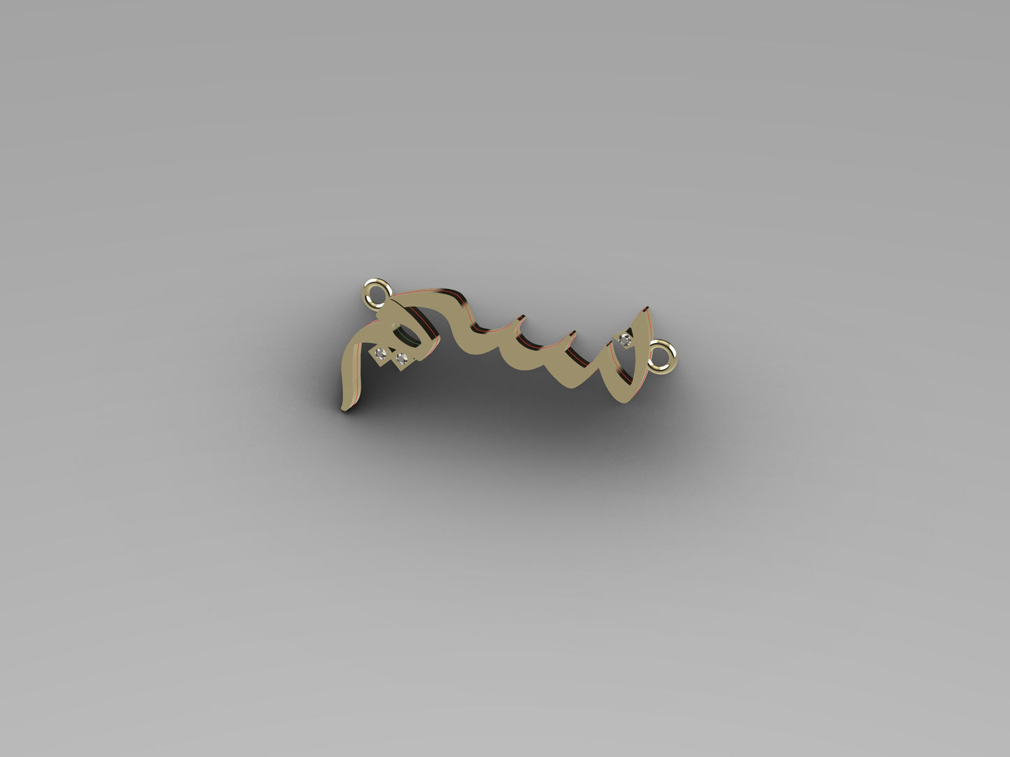 CAD design model of the Naseem Persian name necklace in 14K yellow gold — three flush-set lab-grown diamonds at the letters' dots, chain loops at each end