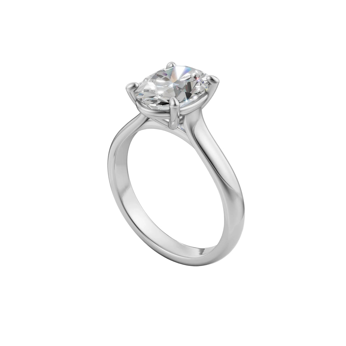 2.5 carat oval lab-grown diamond in a four-prong cathedral solitaire setting, platinum (3D rendering)