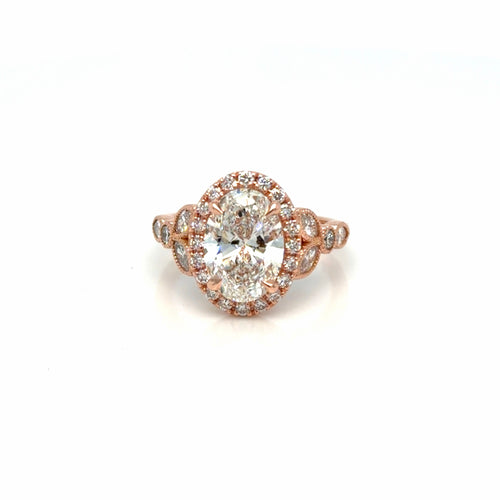 Load image 1 in gallery view. Finished 14K rose gold antique-inspired engagement ring, a 2.21 ct oval lab-grown diamond in a milgrain halo with bezel-set marquise and round diamonds on the shoulders, Farsi Jewelers