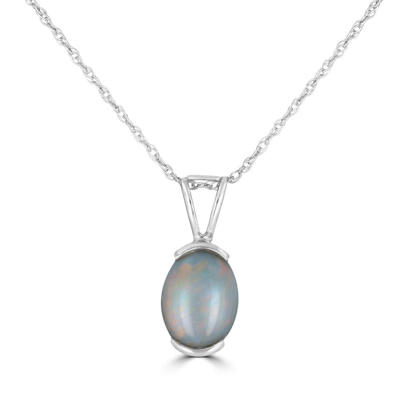 Oval opal pendant in 14K white gold, the half bezel capping the stone at top and bottom, shown on a chain