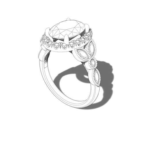 Load image 1 in gallery view. 3D model of a custom antique-inspired oval diamond engagement ring with a milgrain halo and marquise-shaped shoulders