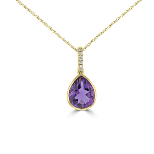 Load image 1 in gallery view. Pear-cut amethyst in a 14K yellow gold bezel, hung from a bail set with a line of small round diamonds, shown on a chain