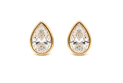 Load image 1 in gallery view. Pair of pear-shape lab-grown diamond stud earrings in 14K yellow gold, each stone held in a full bezel, shown face on