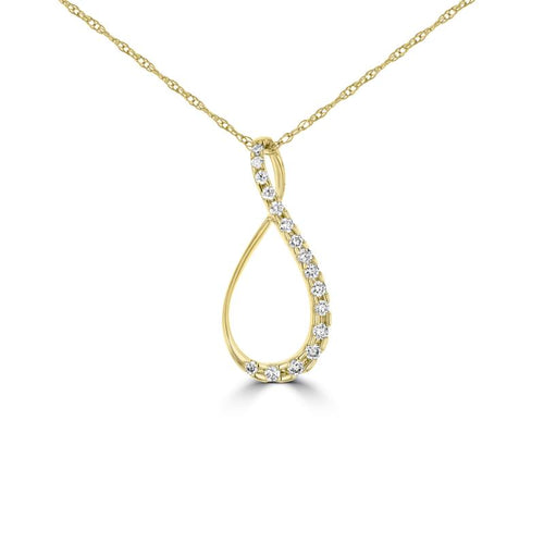 Load image 1 in gallery view. Open teardrop pendant in 14K yellow gold with the frame crossing over at the top, round diamonds graduating down one side and polished gold on the other