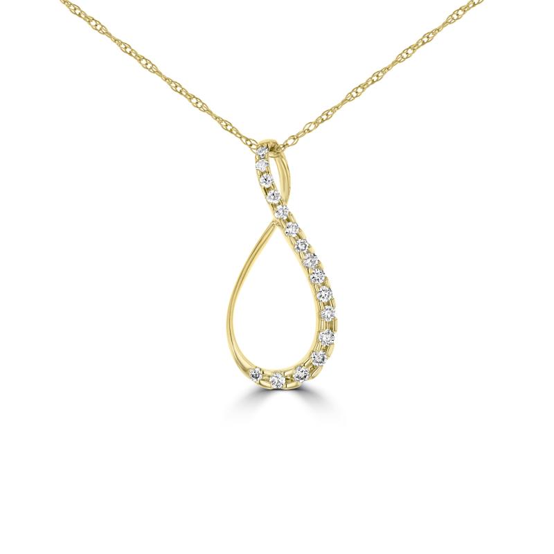 Open teardrop pendant in 14K yellow gold with the frame crossing over at the top, round diamonds graduating down one side and polished gold on the other