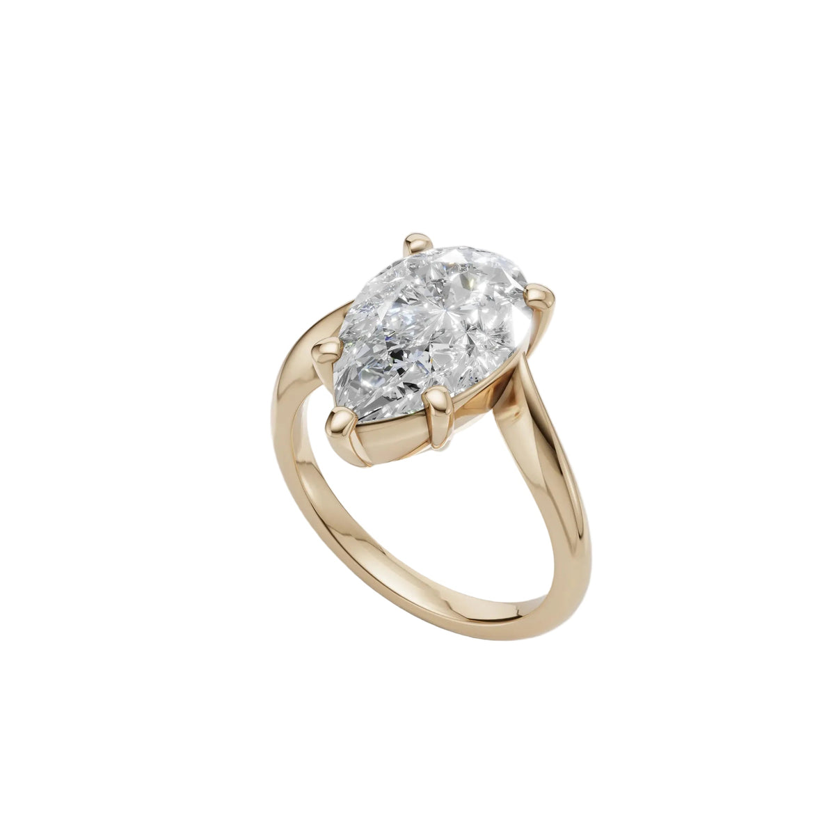 CAD design render of a custom engagement ring, a 4 carat pear-cut diamond set at an angle in an 18K yellow gold bypass shank, Farsi Jewelers