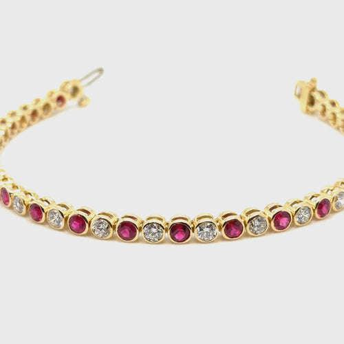 Load image 1 in gallery view. 18K Yellow gold diamond and ruby bezel set tennis bracelet. farsi jewelers sandy springs 