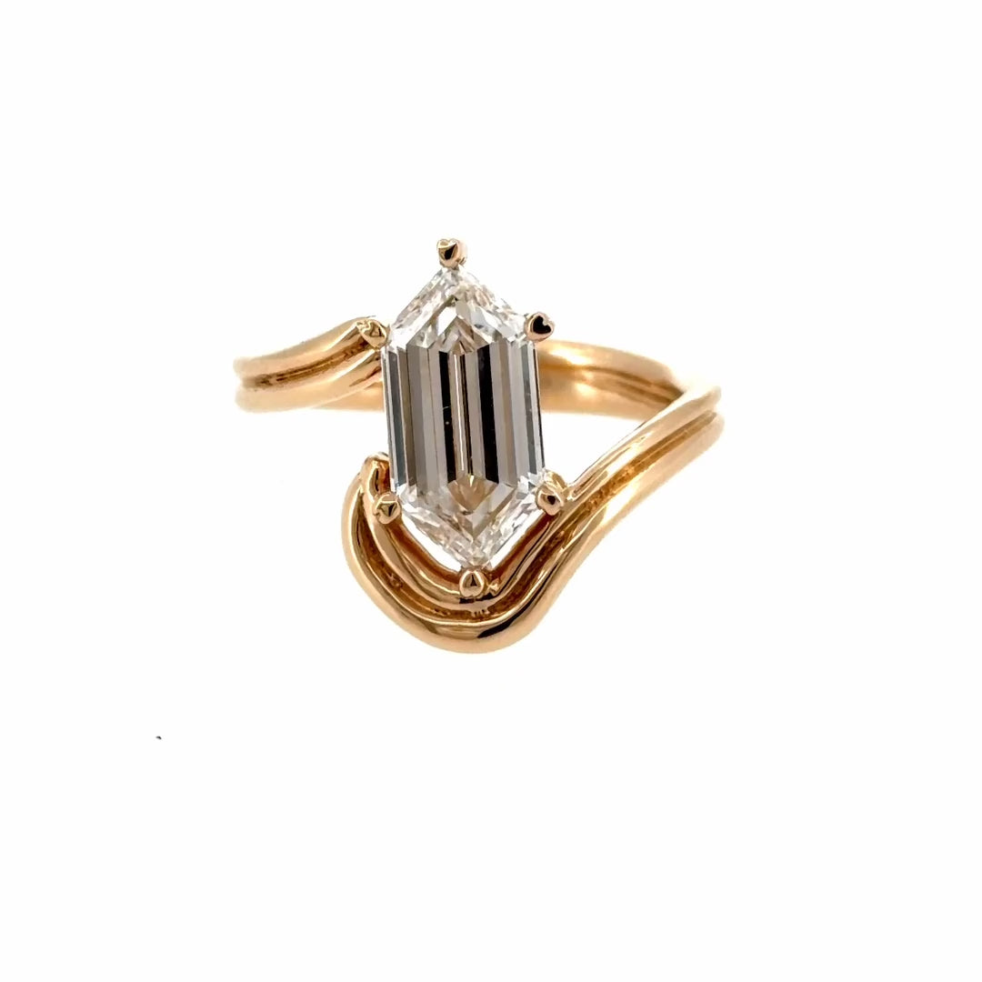 Video of the 2.04 carat lab-grown hexagon step-cut diamond bypass engagement ring in 14K yellow gold