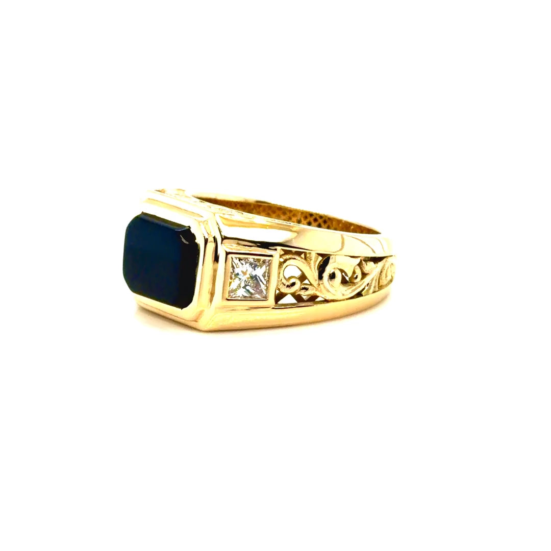 360-degree turntable video of the printed model for a men's 18K yellow gold onyx and princess-cut diamond ring, both diamonds now set, Farsi Jewelers