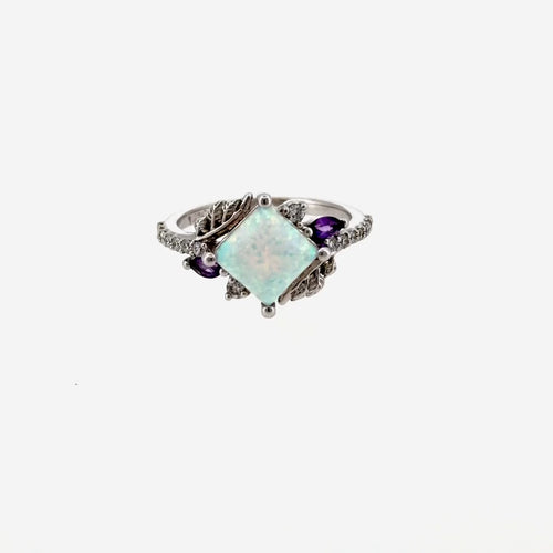 Load image 1 in gallery view. Video of the square lab-grown opal floral engagement ring in 14K white gold with marquise amethysts and lab-grown diamond accents