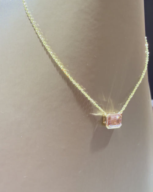 Load image 1 in gallery view. Rotating view of the fancy pinkish-brown emerald-cut lab-grown diamond necklace in 14K yellow gold