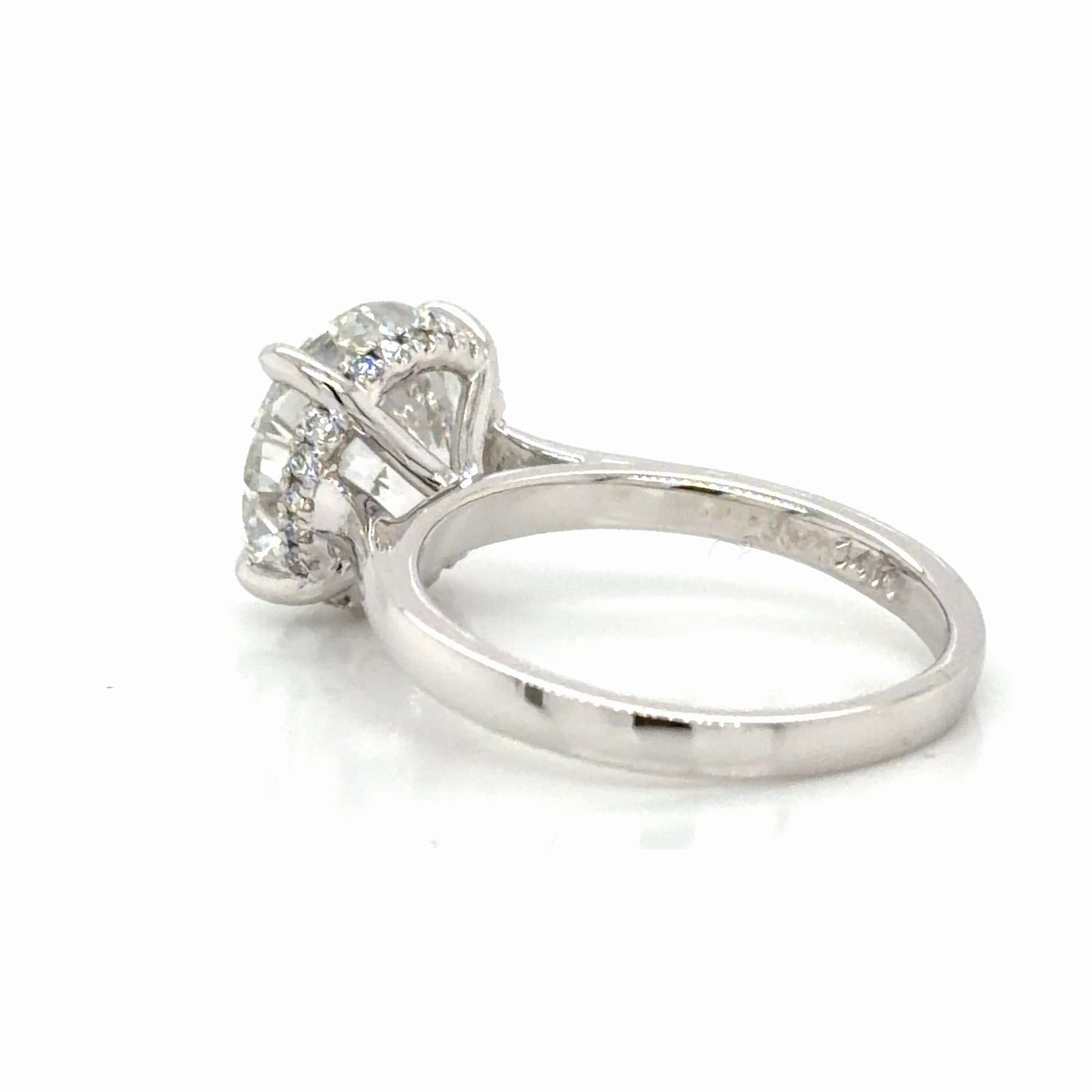 Rear three-quarter view of the 14K white gold hidden halo engagement ring, showing the halo of small diamonds ringing the base of the round center stone and the pave running down the shoulders