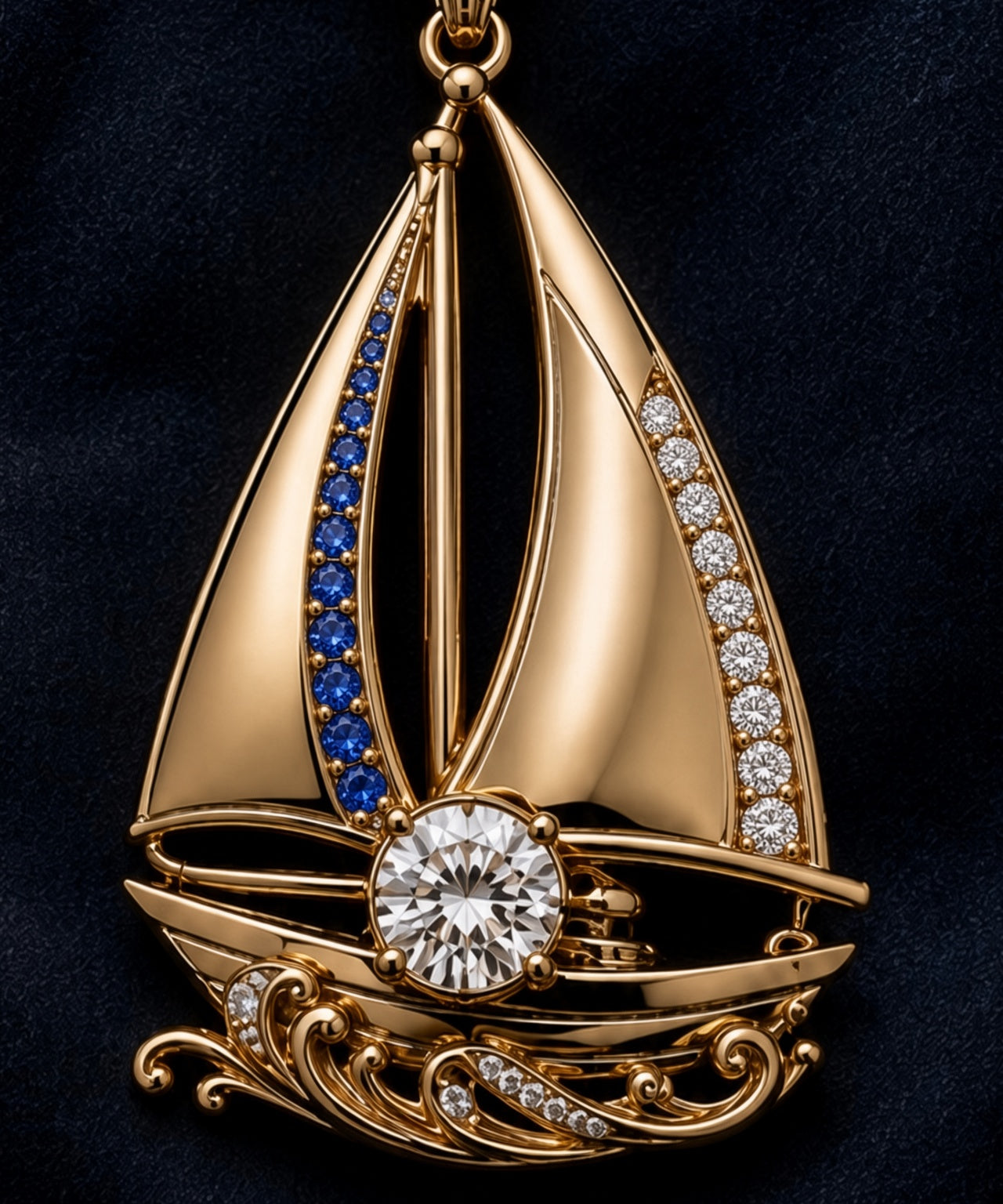 Design rendering of a 14K yellow gold sailboat pendant with a round lab-grown diamond at the hull, blue sapphires along one sail and diamonds along the other