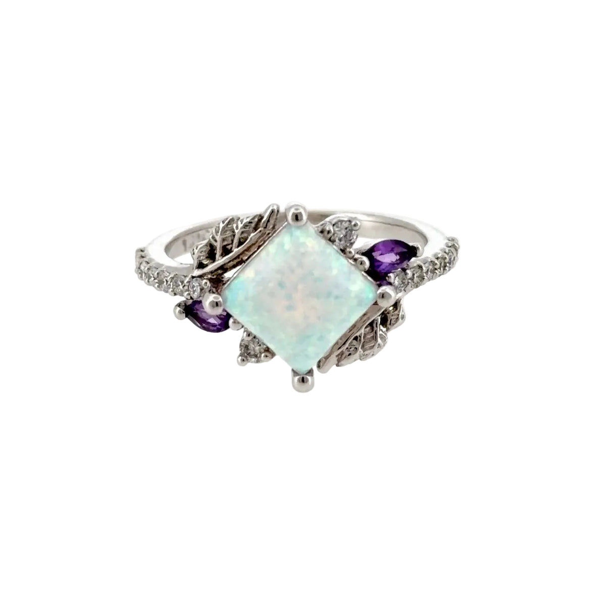 Square lab-grown white opal engagement ring in 14K white gold with marquise amethysts, leaf detail and lab-grown diamond shoulders, front view