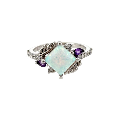 Load image 1 in gallery view. Square lab-grown white opal engagement ring in 14K white gold with marquise amethysts, leaf detail and lab-grown diamond shoulders, front view