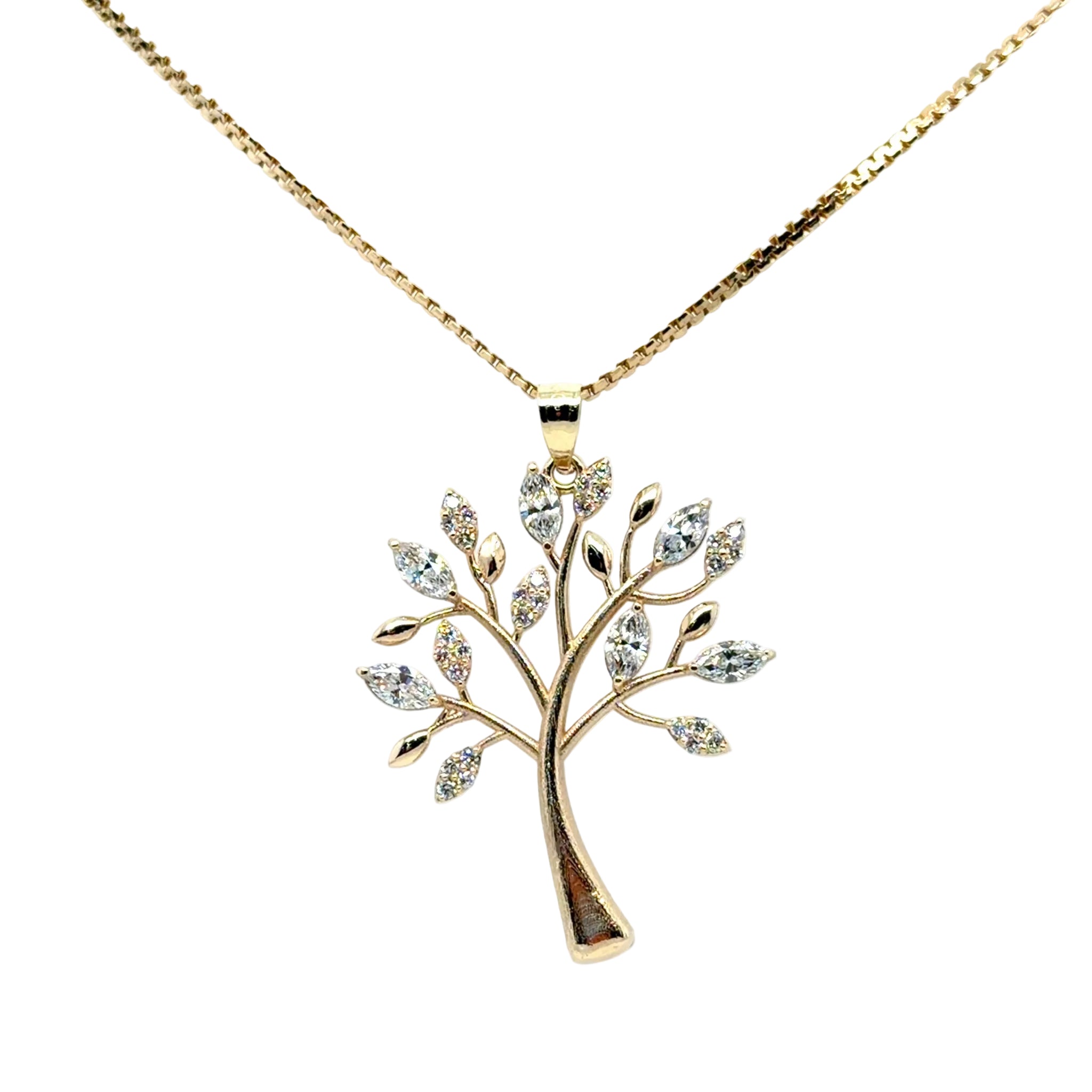 Tree of life pendant in 14K yellow gold on a box chain, its leaves a mix of marquise lab-grown diamonds, smaller round diamonds and plain polished gold