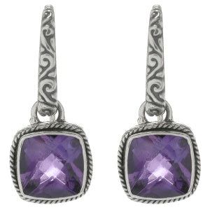 SS SQUARE FLORAL EARRINGS W/ AMETHYST CENTER