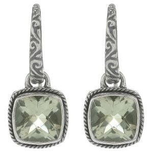 SS SQUARE FLORAL EARRINGS W/ GREEN AMETHYST CENTER