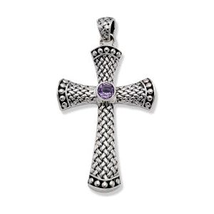 SS CROSS PENDANT WITH ROUND AMETHYST CENTER